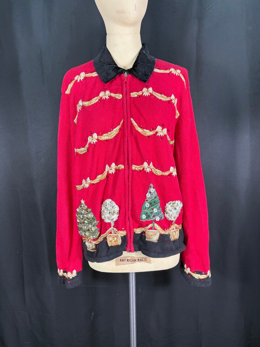 Vintage Holiday Christmas Red Embroidered Cardigan Sweater Heirloom Collectibles